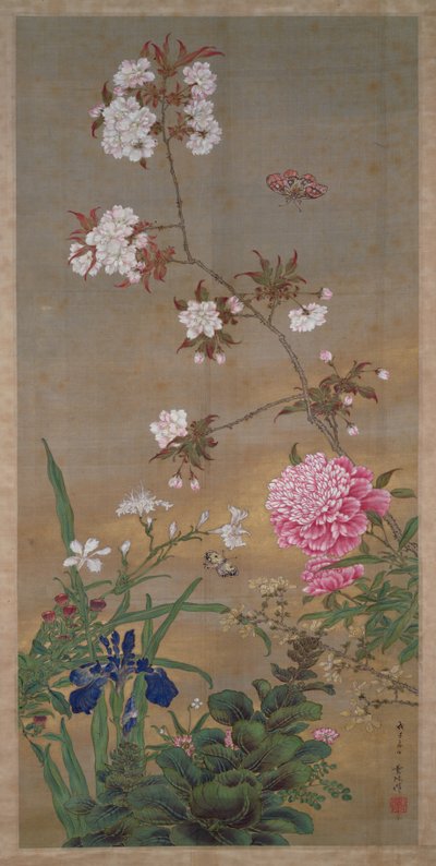 Peony, Iris, Cherry Blossom and a Butterfly, 1828 by Abe Kan Torin